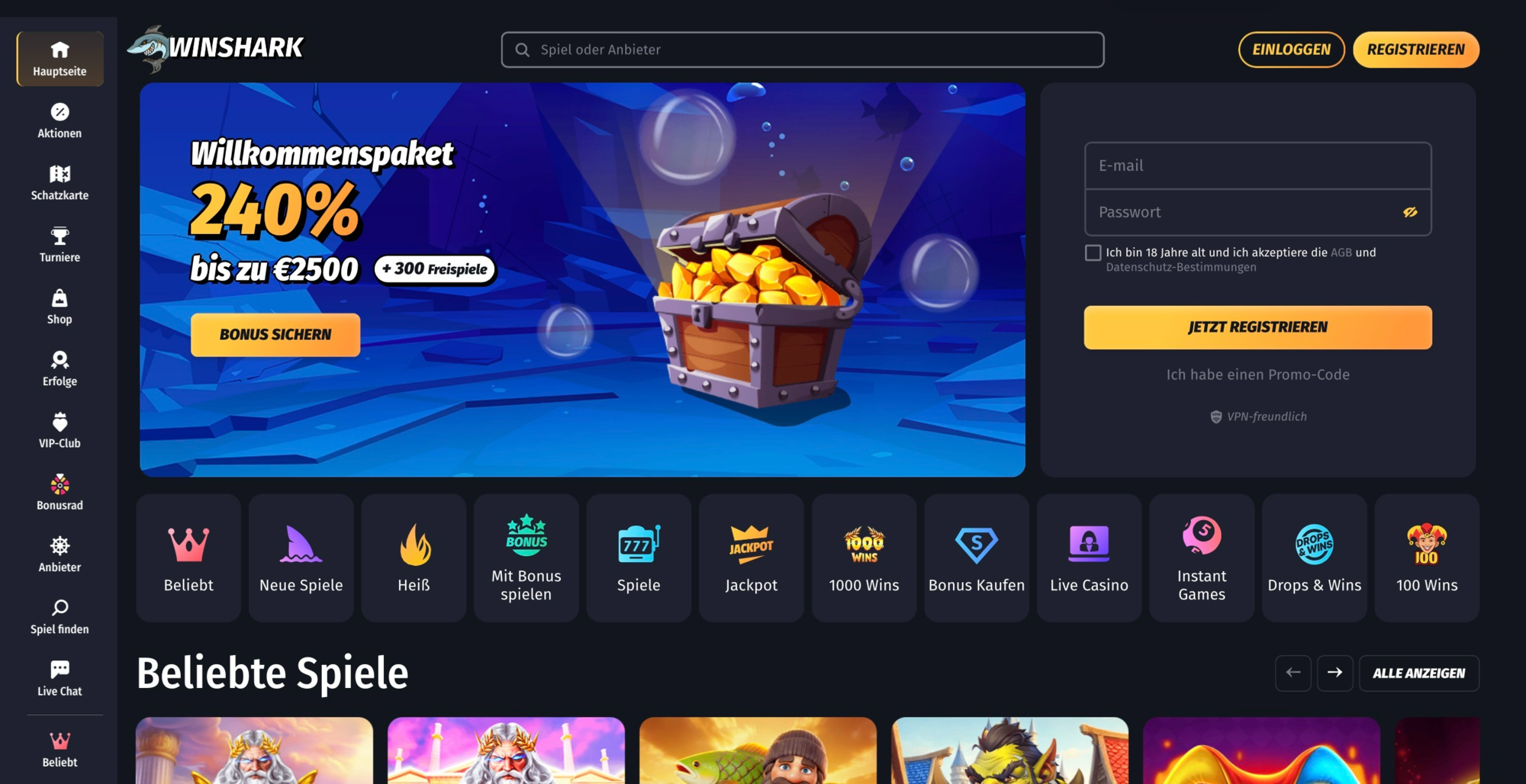Winshark Casino – 240% und 350 Freispiele